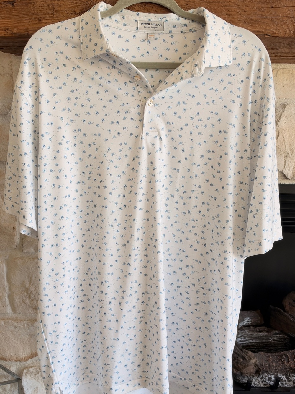 Peter Millar White Polo with Light Blue Micro Golf Cart Pattern